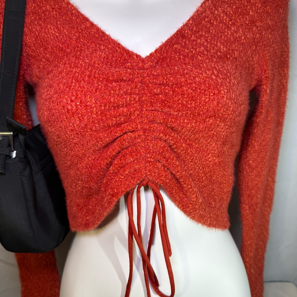 Altar'd State Fuzzy Knit Ruched Tie Front Crop Top XS Rust Long Sleeve Boho - Picture 2 of 7
